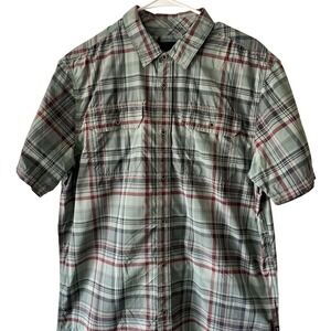 Prana‎ Men's Button Shirt Size L Red Gray Plaid Short Sleeve Lightweight